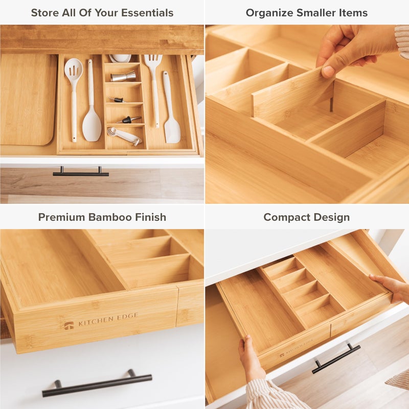 KitchenEdge Adjustable Kitchen Drawer Organizer for Utensils and Junk, Food-Safe Contract Grade with 100% Sustainable Wood, Expandable from 19 to 33 Inches Wide - Natural Bamboo - Image 3